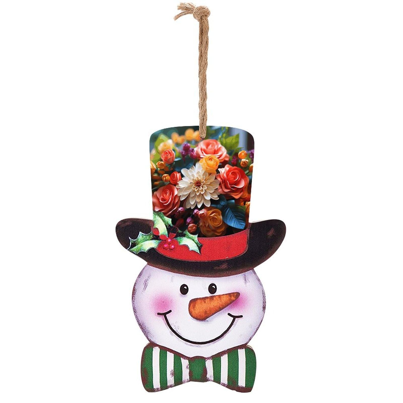 Plaque en bois bonhomme de neige de Noël déco murale à suspendre fleurie de 30cm