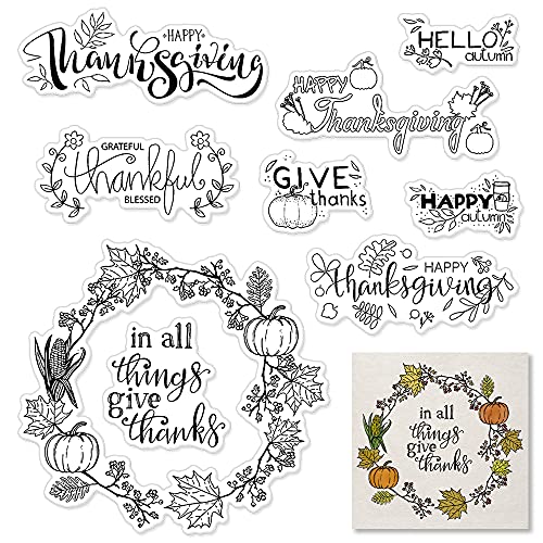 our daily bread stamps and dies - Autumn Thanksgiving Wreath Pumpkin Leaf Clear Stamps for Card Making and Photo Album Decorations, Thanks Words Transparent Rubber Stamps Seal for DIY Scrapbooking