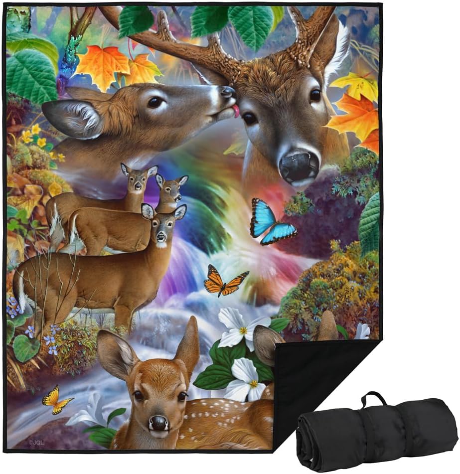 LOGOVISION JQ Licensing - JG-JP Picnic Outdoor Blanket, 50"x60" Forest Stream Deer and Butterflies, Foldable Blanket for Picnic, Beach, Camping, Park, Tailgate