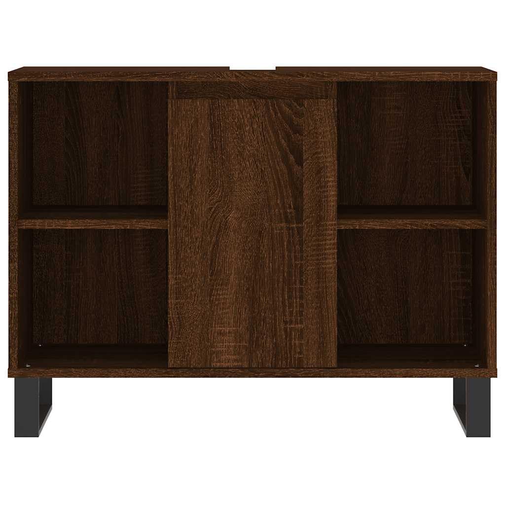 Szafka łazienkowa, brązowa, imitacja dębu, wykonana z materiału drewnopochodnego, 80 x 33 x 60 cm, 1 drzwi i 4 otwarte półki, żelazne nóżki, elastyczna konstrukcja drzwi, miejsce do