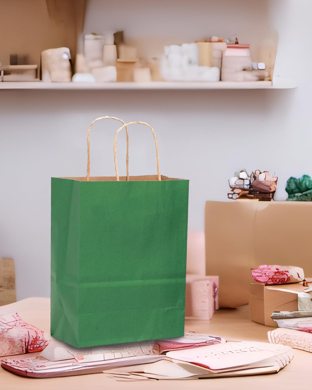 qiqee 32-Packs Deep Green Paper Gift Bags with Handles Bulk 8.26"×6"×3.15" Small Size Gift Bags Multiple Uses - Image 5