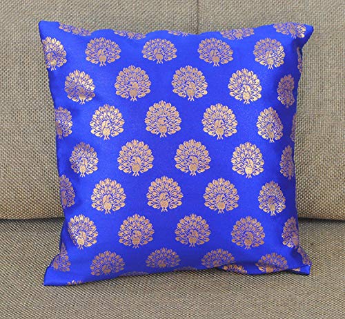 Image of PINK PARROTDopian Silk Polyester Blend Cushion Covers -16 X16 Inch, Nevy and Greenish Blue Colour,Set of 5