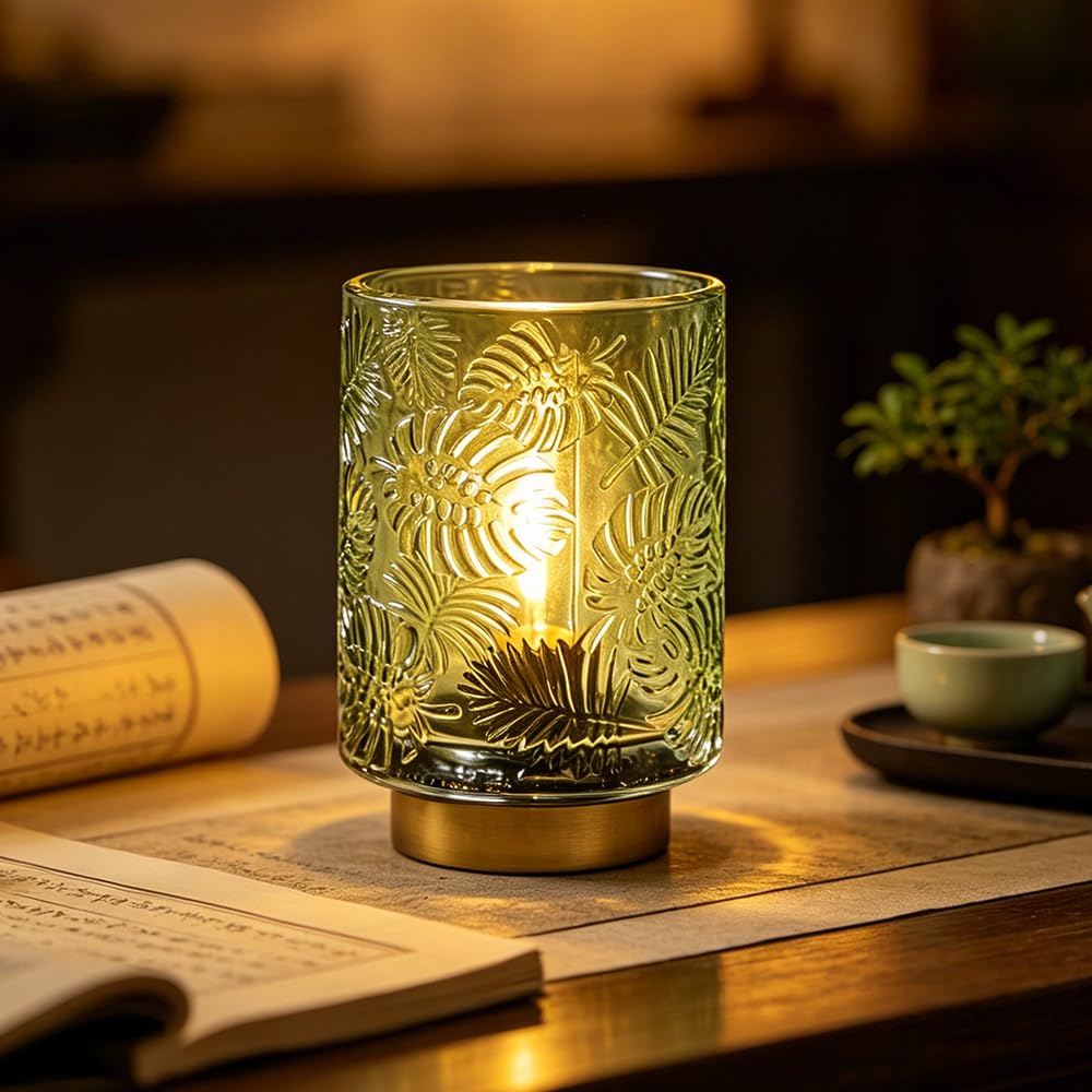 HOVCEH Battery Operated Lamp Green, Cordless Battery Powered Lamp with LED Bulb, Glass Table Lamp, Battery Operated Night Light, Small Vintage Table Lamp for Living Room Bedroom Tabletop Entryway