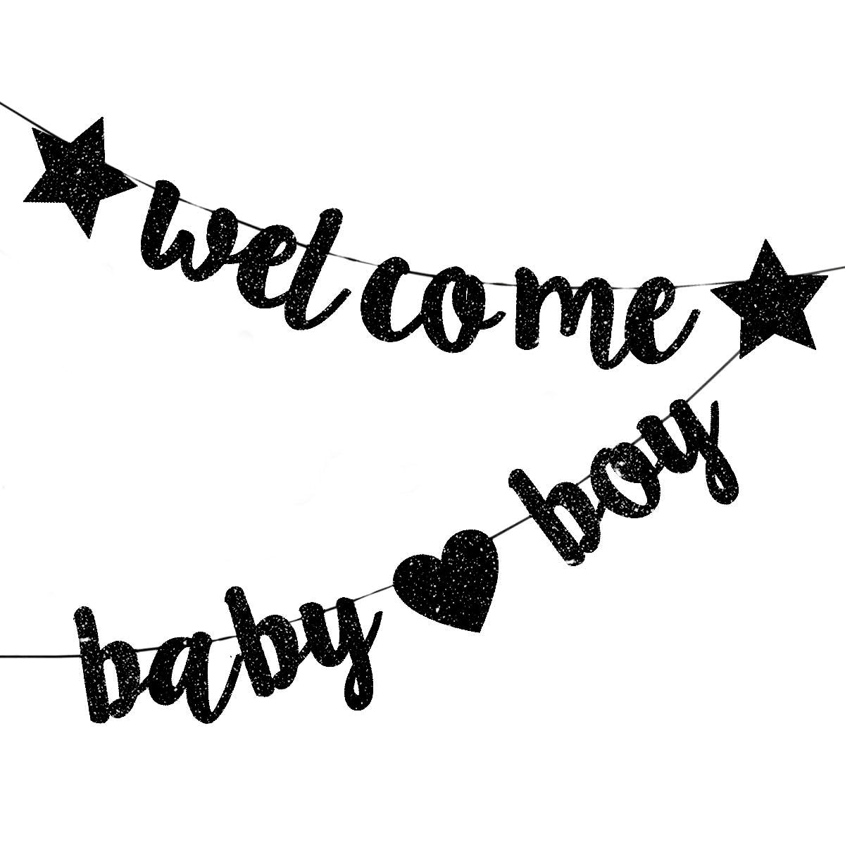 Decoraciones de baby shower para niños, pancarta de bienvenida con purpurina, banderines colgantes para fiesta de cumpleaños recién nacido, color negro