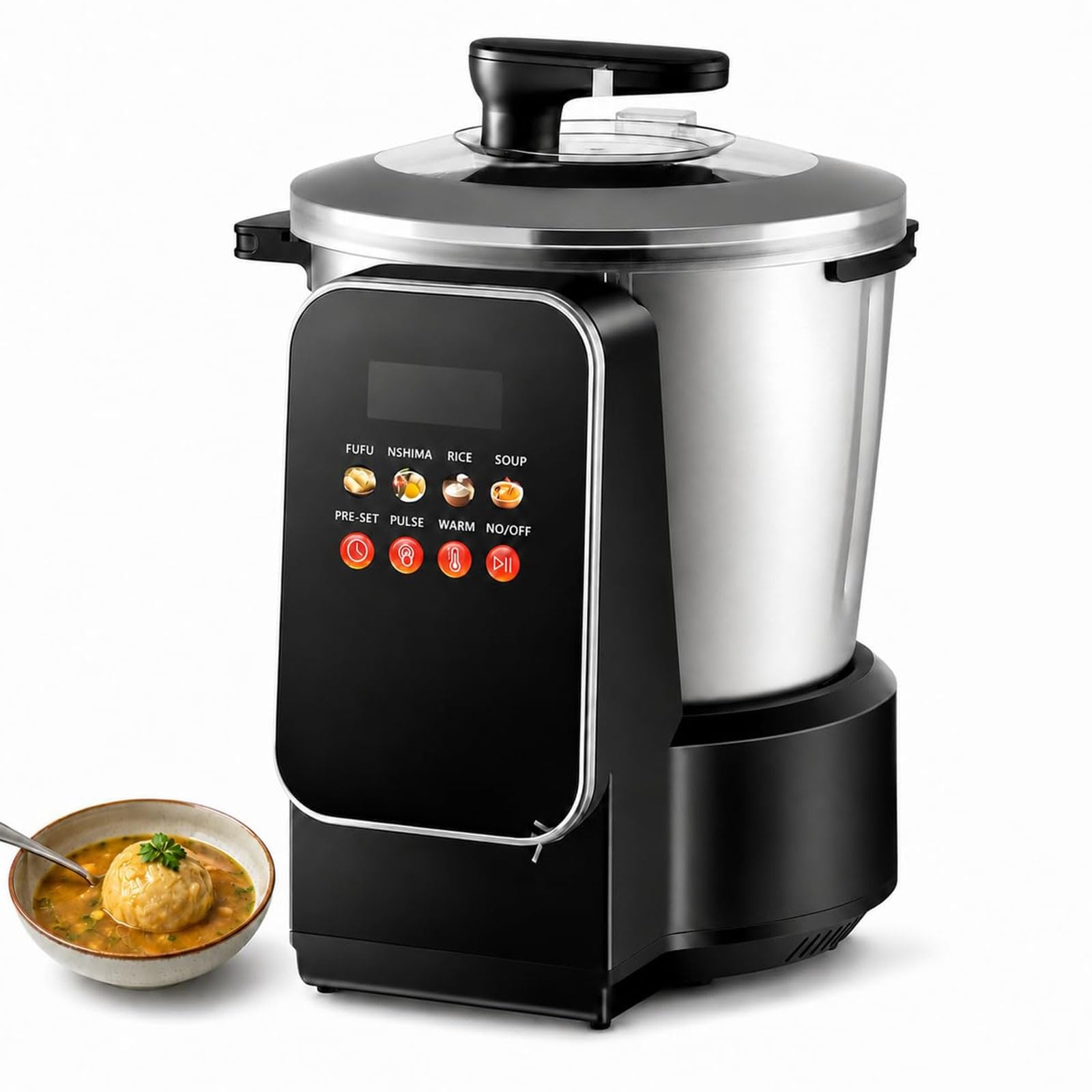Fufu Maker 900 W, 6 l, automatyczny robot kuchenny do naczyń afrykańskich, ekran dotykowy LED, łatwy do czyszczenia, stal nierdzewna, idealny do Yam, Ugali, Amala, semoliny