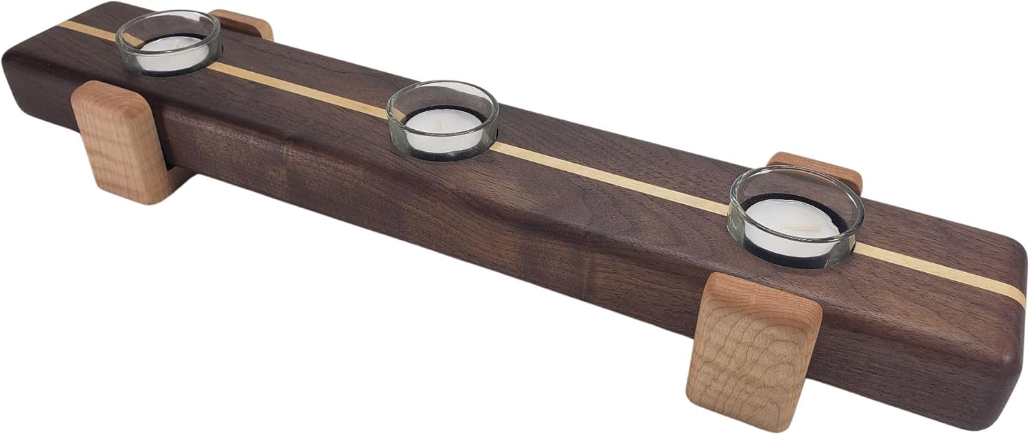 Handmade Hardwood Tealight Candle Holder | 20" Walnut W/Curly Maple Inlay and Risers | 5-Hole Incl Candles and Glass Cups | Unique Home Decor