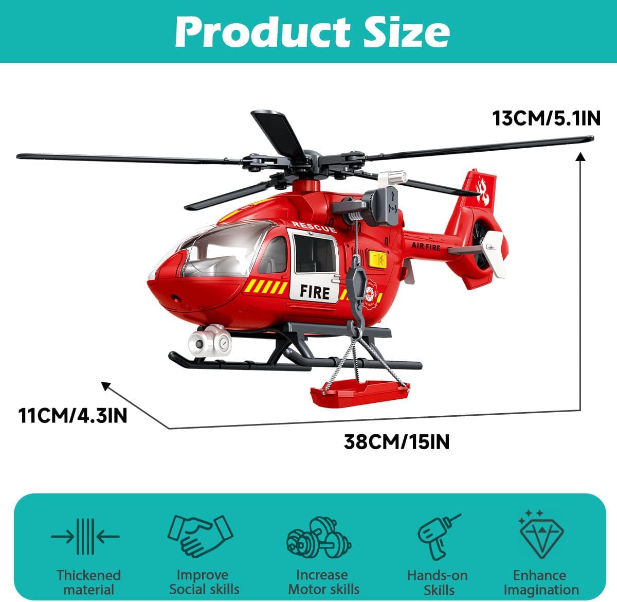 Firefighter Toys Helicopter 15-in Airplane Toys for Kids with Hanging Basket Sounds and Lights for Boys Ages 3 4 5 6 7