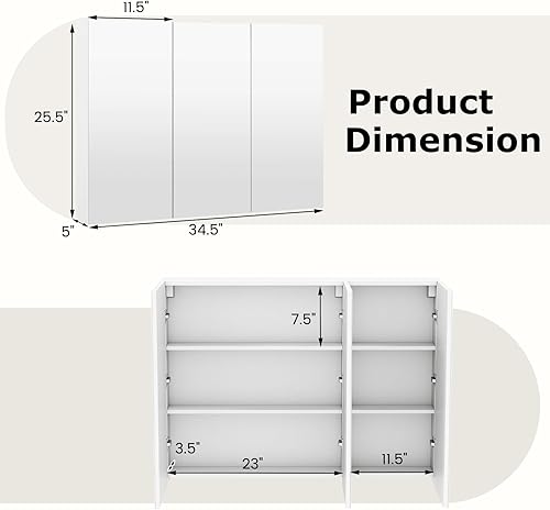 Vista 2 de Tangkula gabinete tipo botiquín con 3 puertas para pared de baño, 36 pulgadas de ancho