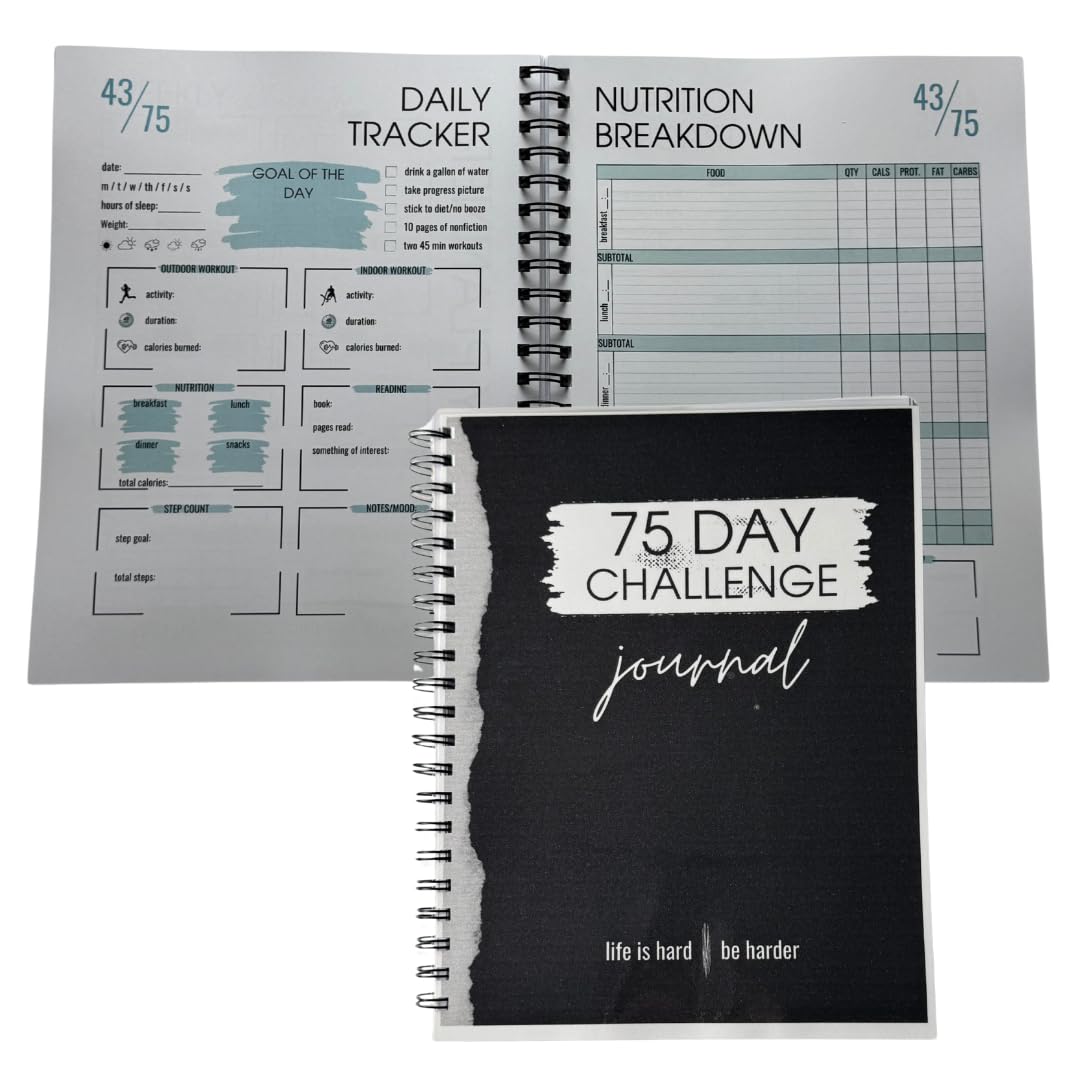 75 Day Challenge Journal, 8.5x11 inch Spiral-Bound Fitness Tracker with Daily Nutrition Log, Body Measurement Charts, Weight Loss Progress Tracker