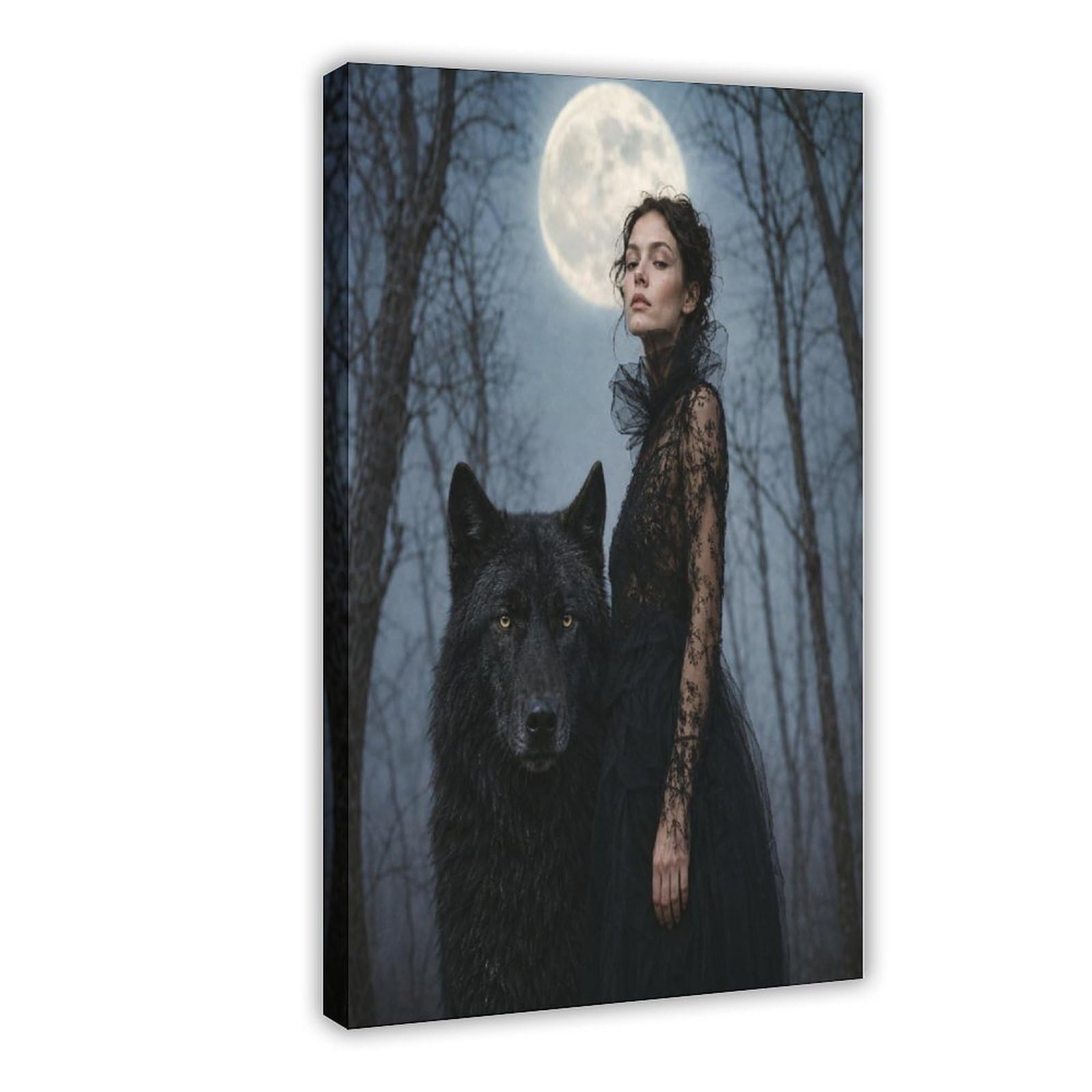 W7c8u2x3 Frame-Style-21 Woman With Black Wolf Canvas Wall Art, Moonlit Stage Studio