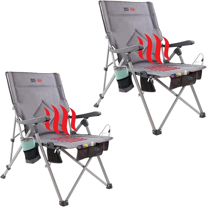 POP Design The Hot Seat, USB Heated Portable Camping Chair, for Outdoor, Sports, Beach, or Picnics, with Travel Bag, 5 Pockets, Cup Holder, 2-Pack (Battery Pack NOT Included)