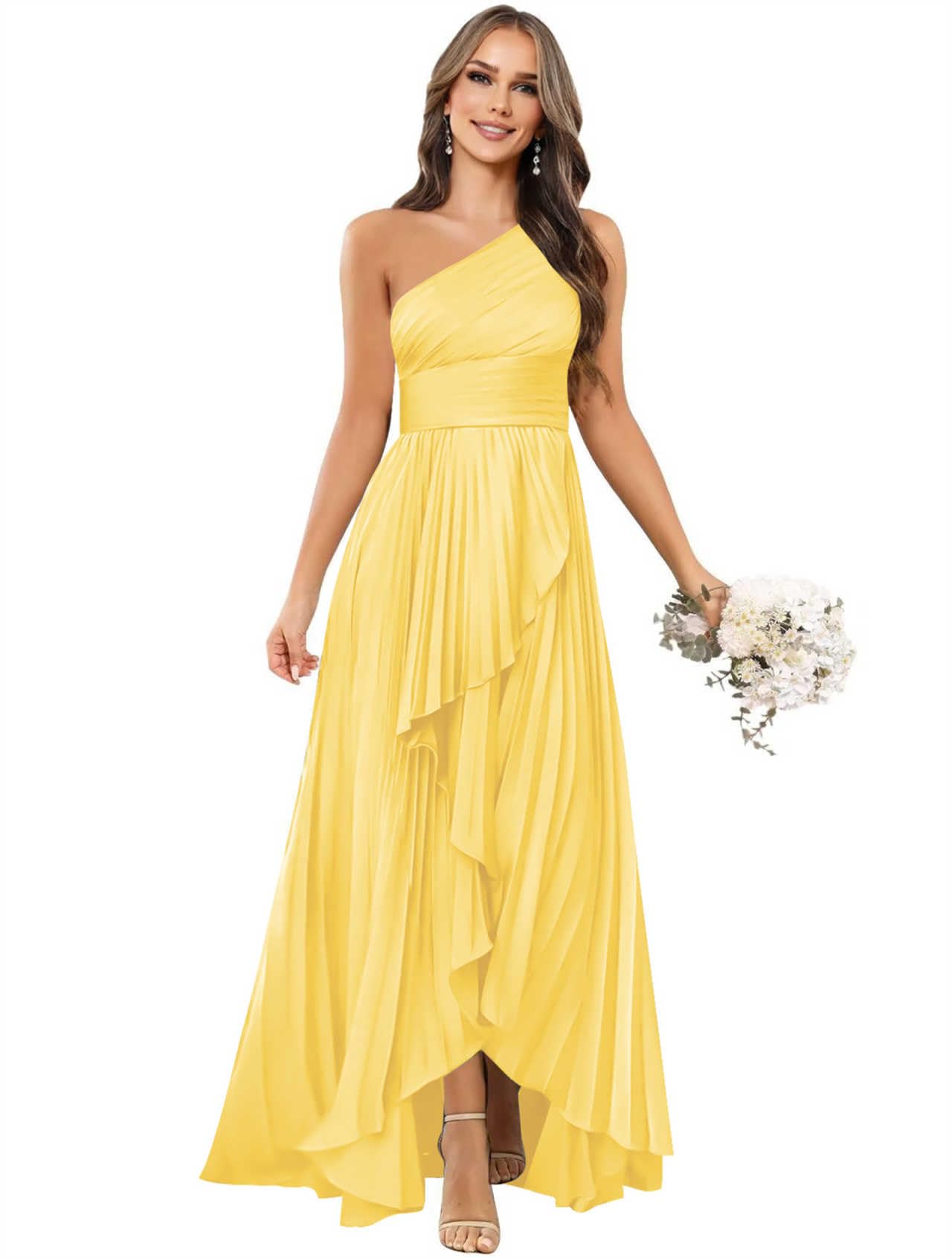 One Shoulder Satin Bridesmaid Dresses for Women A Line Long Pleated Formal Evening Party Gowns