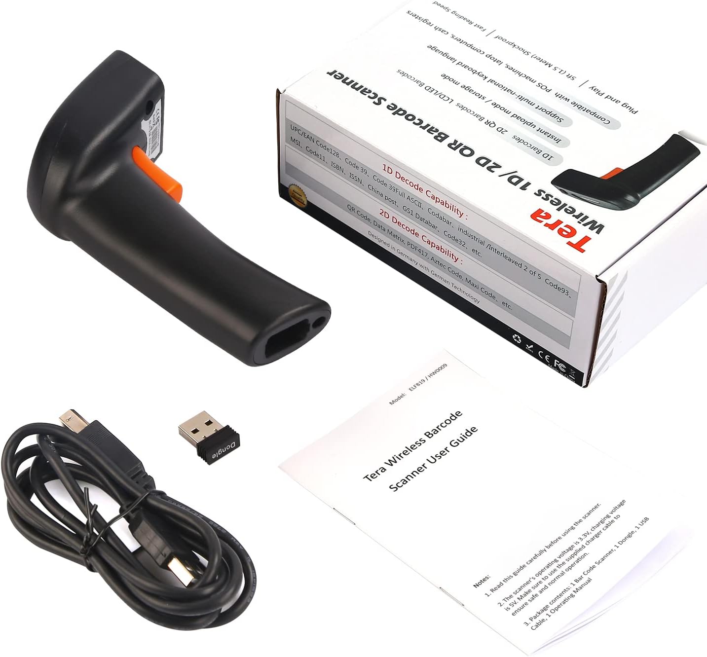 Tera Wireless Barcode Scanner 1D 2D QR Code Scanner with USB Wired 2.4G Wireless Handheld Bar Code Reader Scanner for Warehouse Logistics Model ELF819
