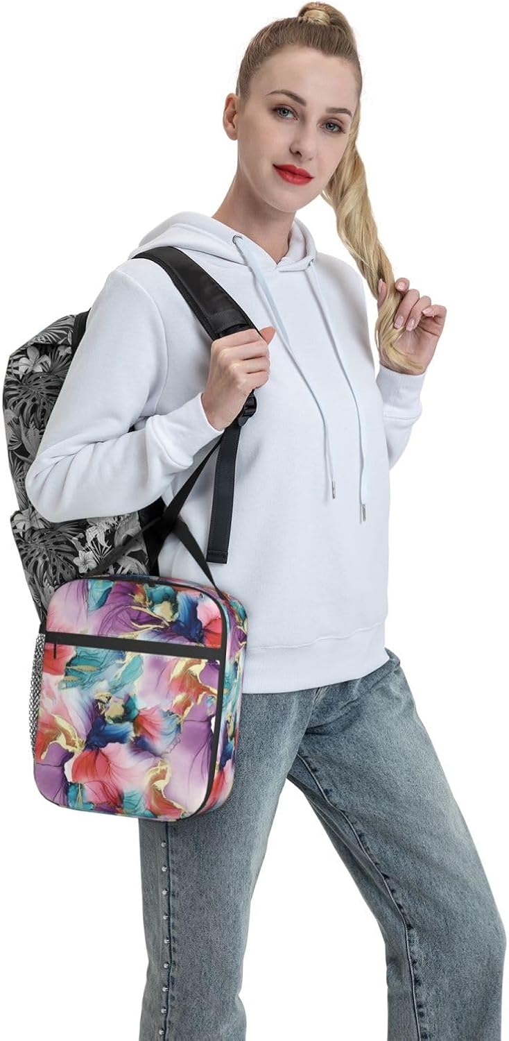 Watercolor Floral Marble Insulated Lunch Box for Women Girls,Polyester Reusable Cooler Lunchbox Gifts,Colorful Abstract Texture Leakproof Lunchbag for Work,Picnic,Travel,Hiking,Fishing,Camping