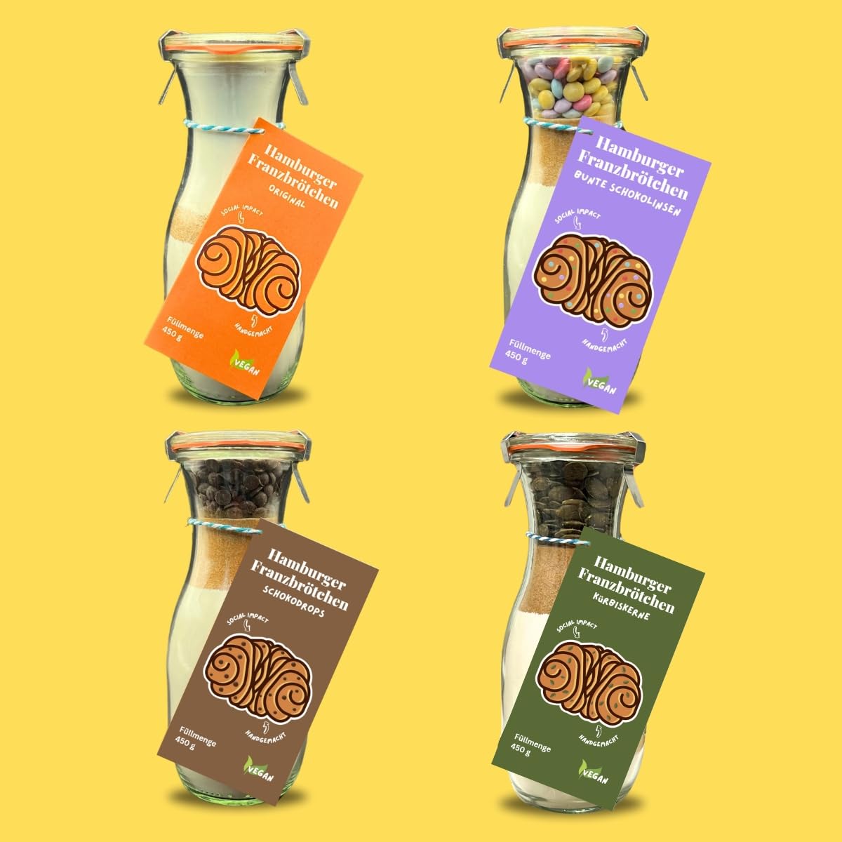 Franzbrötchen Backmischungen Geschenkset mit vier leckeren Sorten, vegan mit nachhaltigen und regionalen Zutaten als Geschenk oder Souvenir aus Hamburg