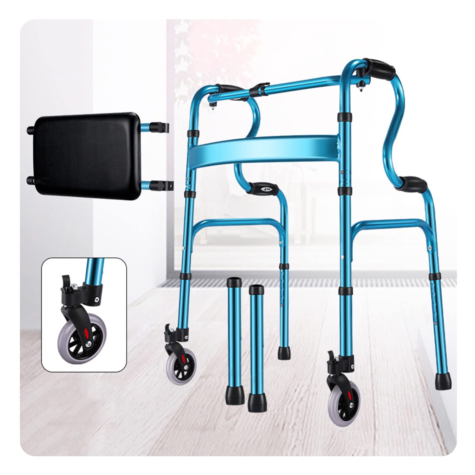 Andador plegable para ancianos con 2 ruedas y asiento Aleación de aluminio Altura ajustable Se puede usar en interiores y exteriores para ancianos discapacitados Cuidado a largo plazo (Color: ORO GR