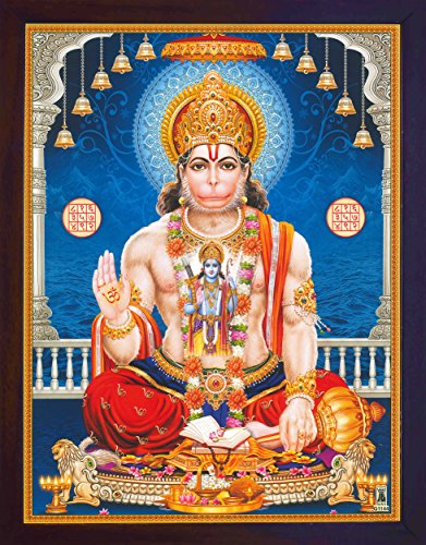 Handicraftstore Hanuman Pawan Putra Giving Blessings with ohm Symbol in Hand and Lord Also Giving Blessings, A Poster Print with Frame for Home and Gift Purpose.