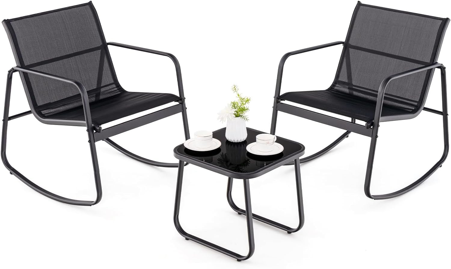 GIANTEX Juego de Bistró 3 Piezas, 2 Sillas Mecedoras de Tejido Transpirable, Mesa de Café con Tablero de Vidrio, Estructura de Metal, para 2 Personas, Conjunto de Muebles para Patio, Jardín (Negro)