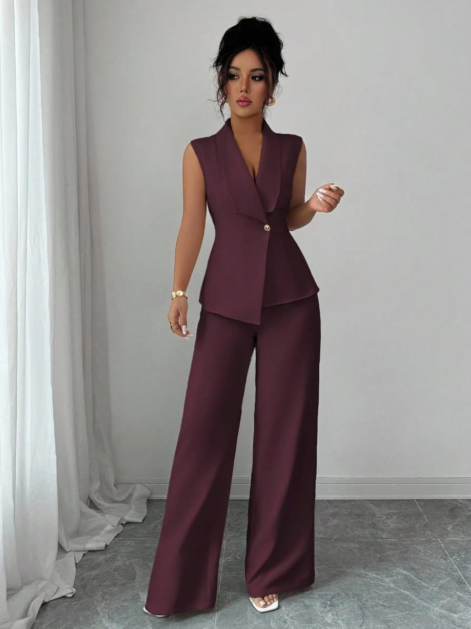 Conjunto Verano Mujer Conjuntos De 2 Piezas Para Mujer Trajes De Oficina Elegantes Blazer Sin Mangas Y Pantalones De Pierna Ancha Conjuntos Casuales Elegantes Para Damas Ideales Para Invitadas A Bod
