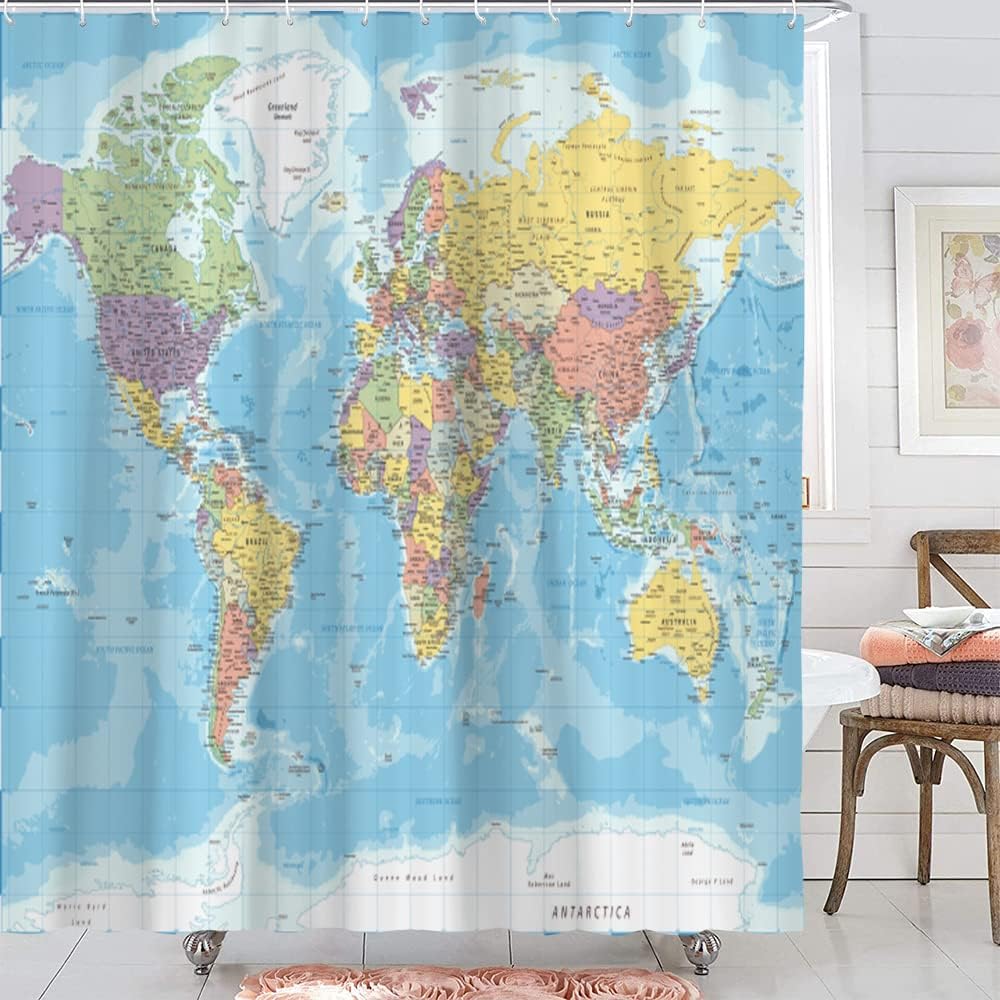 TOMOZ World Map Shower Curtain, Countries and Cities Shower Curtains, Geography Educational Fabric Bathroom Shower Curtain with Hooks, Kids Bathroom Decor 69x70 Inch