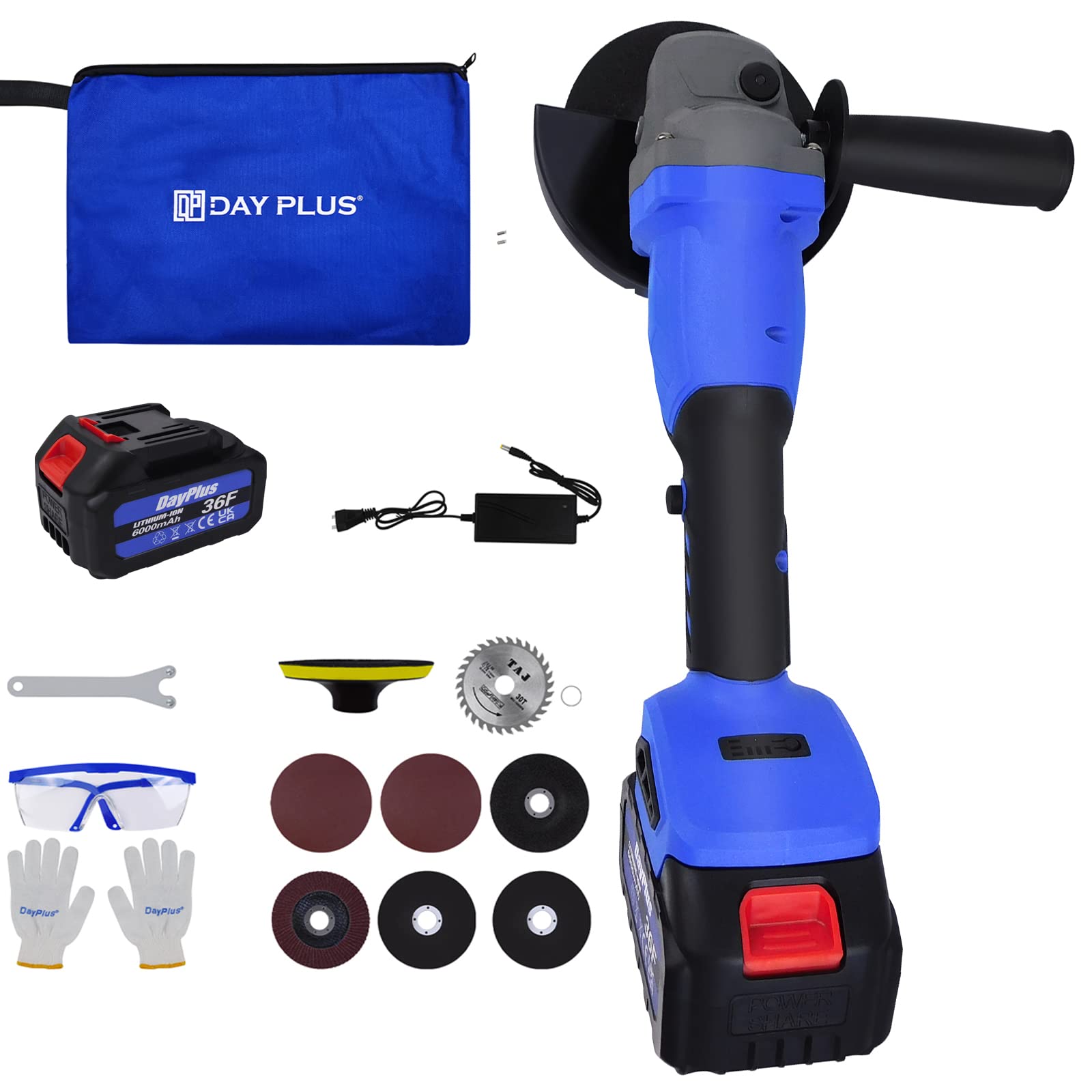 Amoladora angular profesional sin escobillas, 21 V Max, 21 V, 10000 rpm, con batería y cargador, mango adicional y cuchillas funcionales, para cortar y pulir madera, piedra, acero