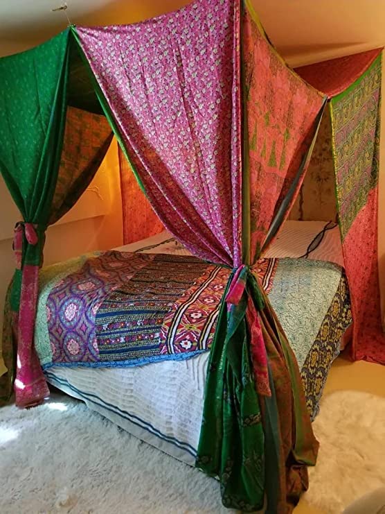 EthinicCraftHub® - Cortinas bohemias de privacidad para adultos, decoración bohemia, rosa, verde, tela de seda, sari hippie, patchwork, recámara, multicolor