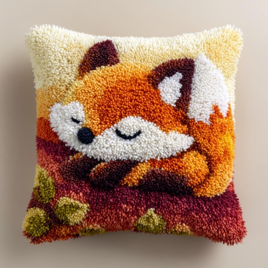 Henypt Latch Hook Craft Kit 17x17 Inch,Sleeping Fox Complete Embroidery Cushion Kit,Creative Craft Stress Relief Handmade Gift for Beginners