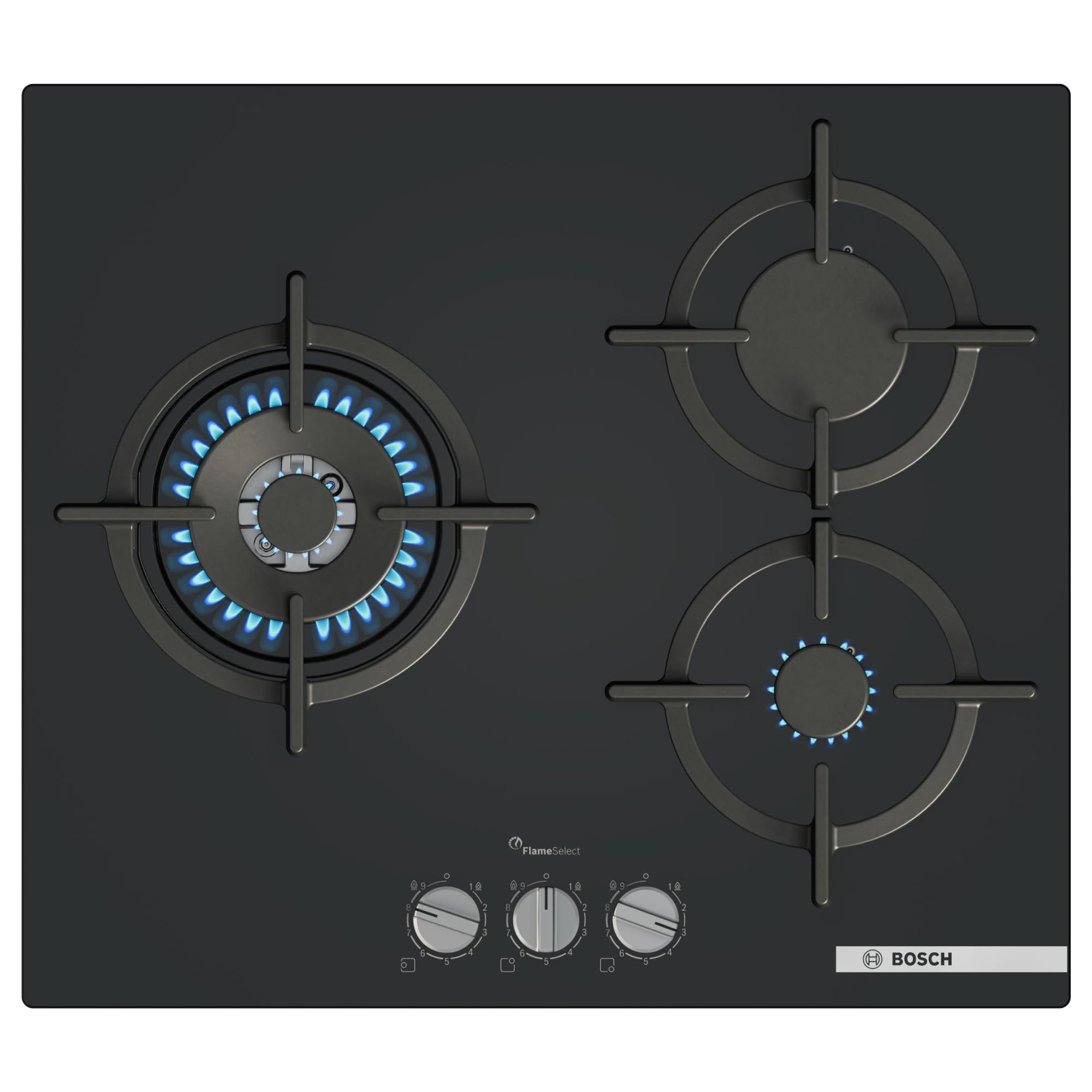 Bosch Piano cottura a gas, serie 6, 3 zone di cottura, FlameSelect, GasStop, nero, PPC6A6I10