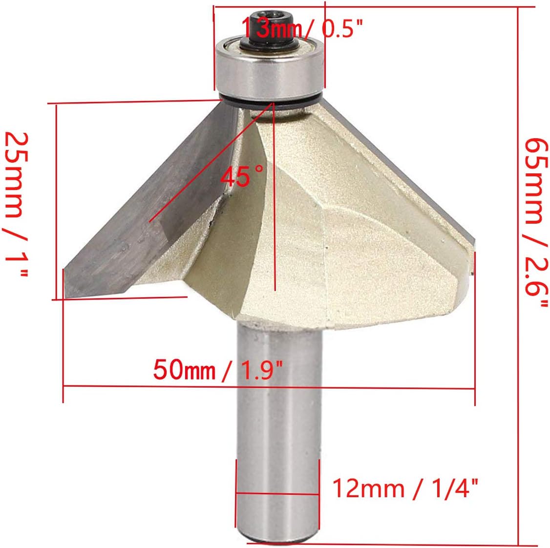COMOK 1/4inch Shank 1inch Cutting Length Carbide Tipped Ball Bearing 45 Degree Chamfer Router Bit Two Flutes Corner Router Bit