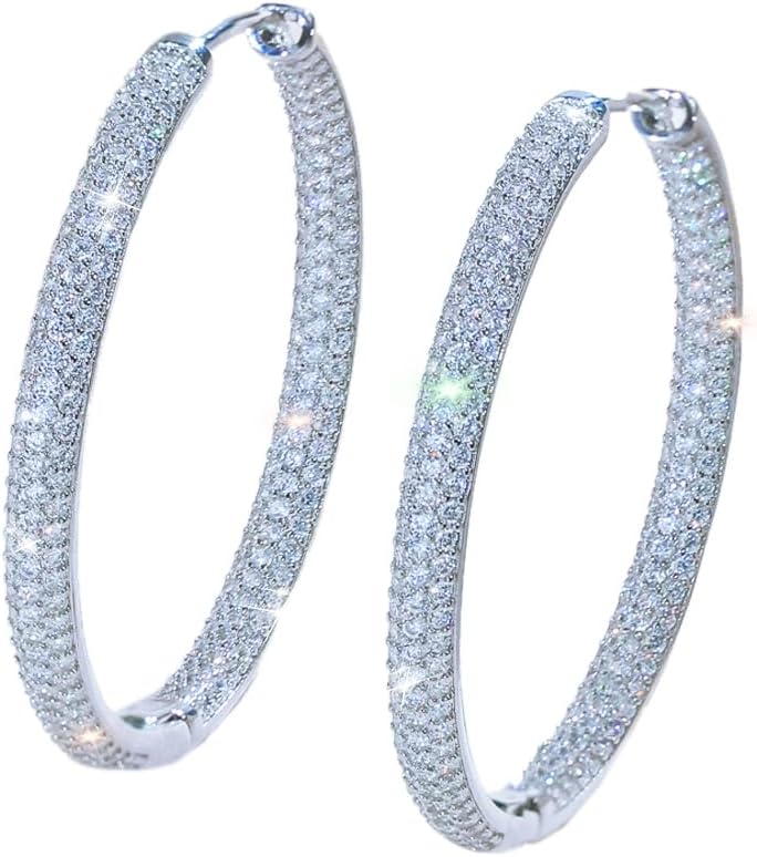 Luxury Cubic Zirconia Big Round Hoop Earrings, White Gold Plated, Clear Crystal Paved, Wedding Engagement Dangle Jewelry for Women