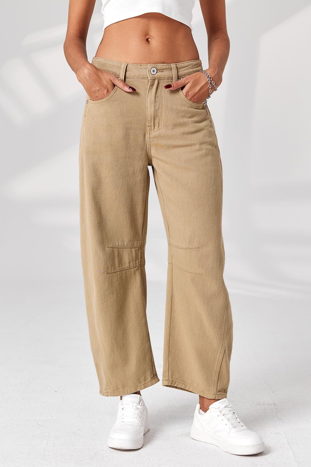 Mid Rise Barrel Jeans for Women Wide Leg Mid Waist Cropped Denim Pants Y2k Baggy Boyfriend Jeans with Pockets - Image 4