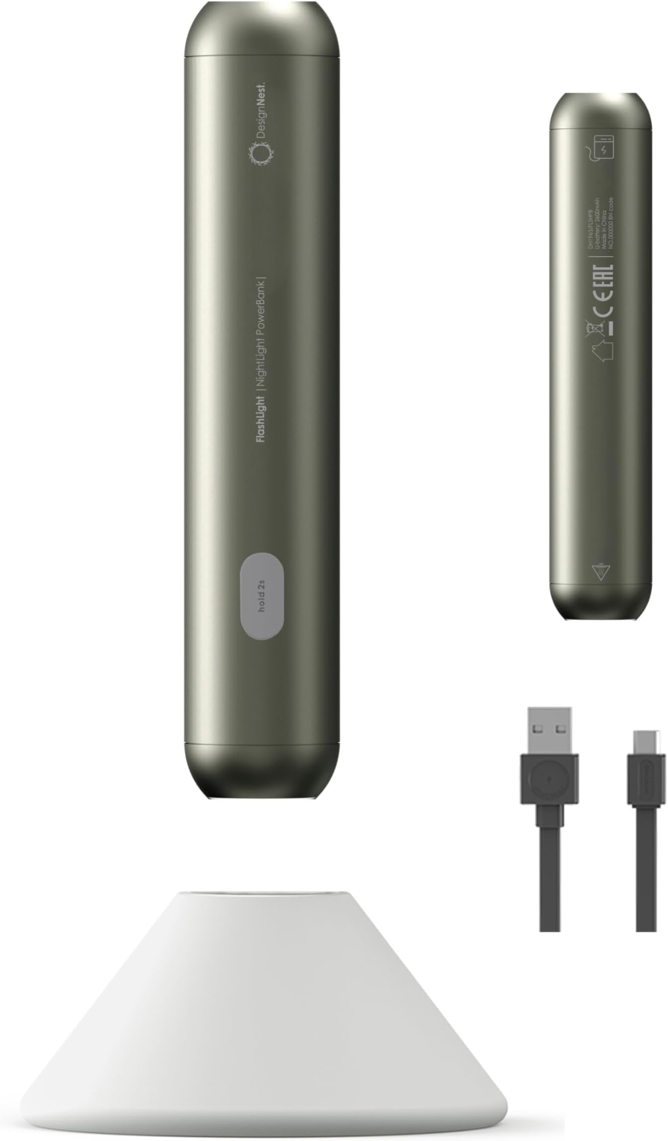 Allocacoc Flashlight, Multi-Function, LED nightlight, USB C, Silicon Stand, Portable, 600 lm 6W, Emergencies, Camping, Home Gear, High/Low Brightness, Splash Resistant, Dark Grey, Warm Light