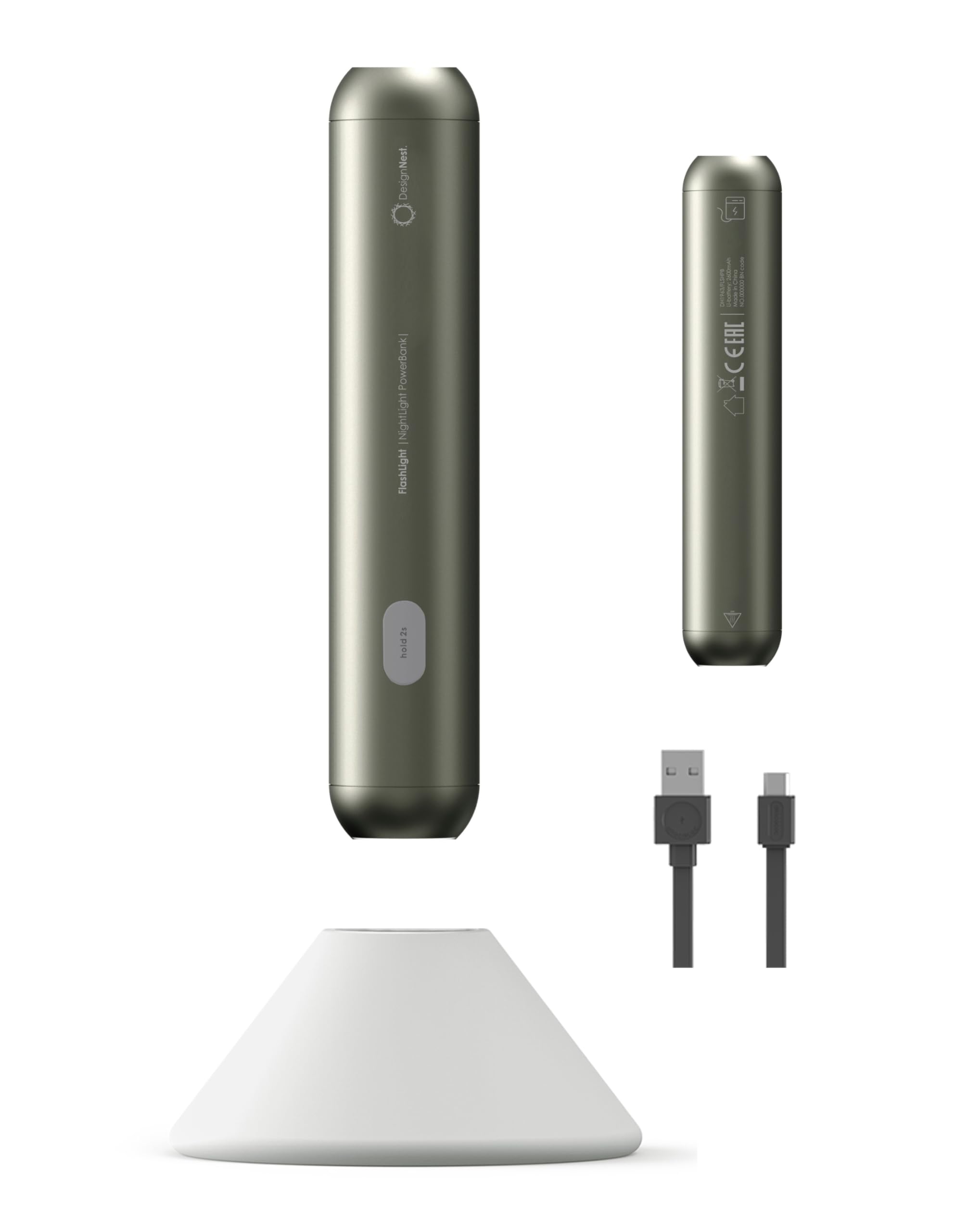 Allocacoc Flashlight, Multi-Function, LED nightlight, USB C, Silicon Stand, Portable, 600 lm 6W, Emergencies, Camping, Home Gear, High/Low Brightness, Splash Resistant, Dark Grey, Warm Light