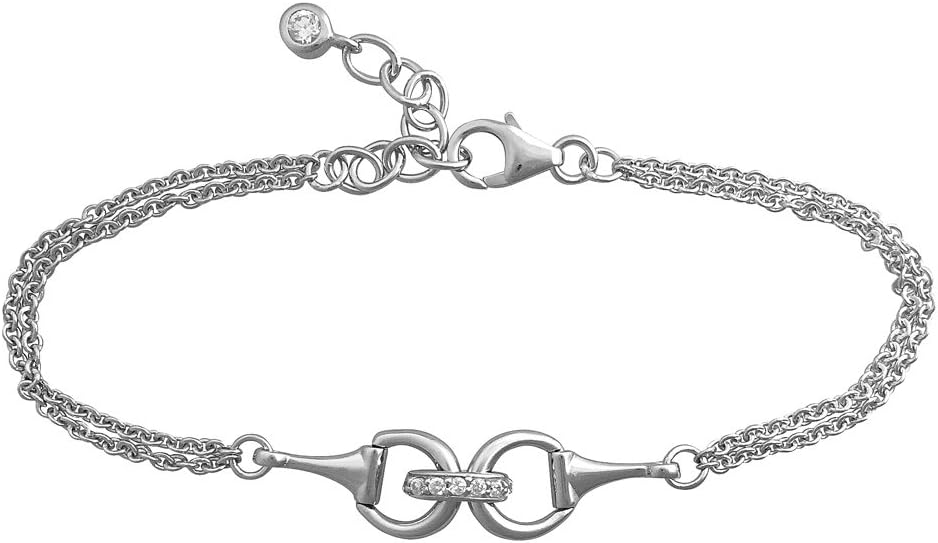 Paul Wright 925 Sterling Silver Snaffle Bit Bracelet set with Cubic Zirconia, Double Chain, 17cm plus 3cm Extender