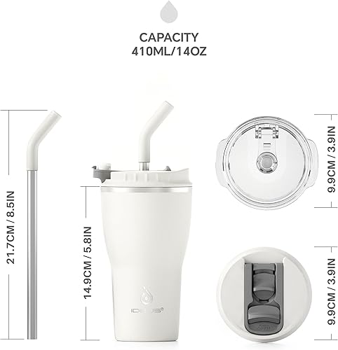 Miniatura 9 de Ideus - Vaso térmico con tapa y popote de 14 oz, vaso para café de viaje con aislamiento al vacío de doble pared a prueba de fugas de acero