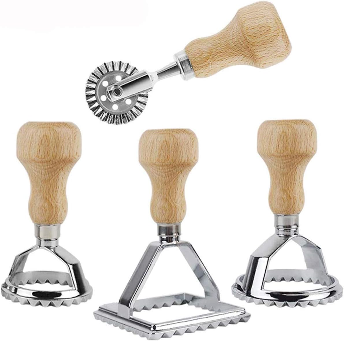 Emoly 4 Pack Ravioli Stamp Maker Cutter with Roller Wheel Set, Mold with Wooden Handle and Fluted Edge, Pasta Press Kitchen Attachment for Ravioli, Pasta, Dumplings Lasagna, Pierogi