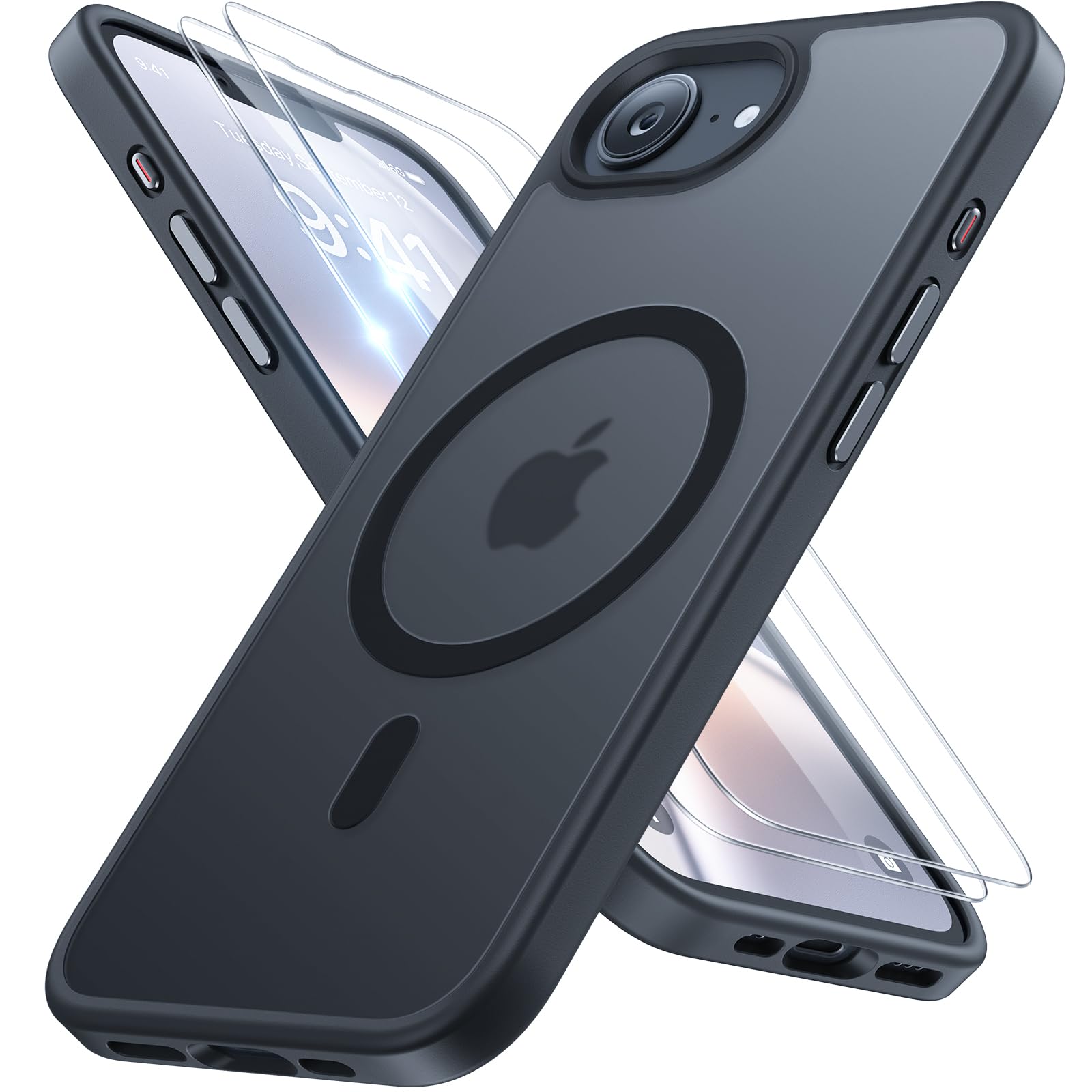 Miracase for iPhone 16e case & iPhone 17e Case for MagSafe [with 2×9H+ Screen Protectors] TOP Military-Grade Protection Shockproof with Velvet Touch for iPhone 16e/17e Phone Case 6.1", Matte Black iPhone 16e/17e Black