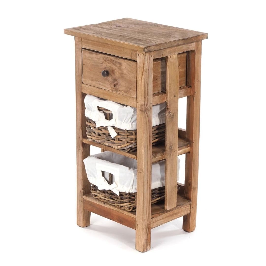 DESIGN DELIGHTS TELEFONTISCH Tower | 70x38x28cm (HxBxT), Holz Flurtisch Recyclingholz, mit 2 Rattan Körben und Schublade | Beistelltisch, Flurtisch
