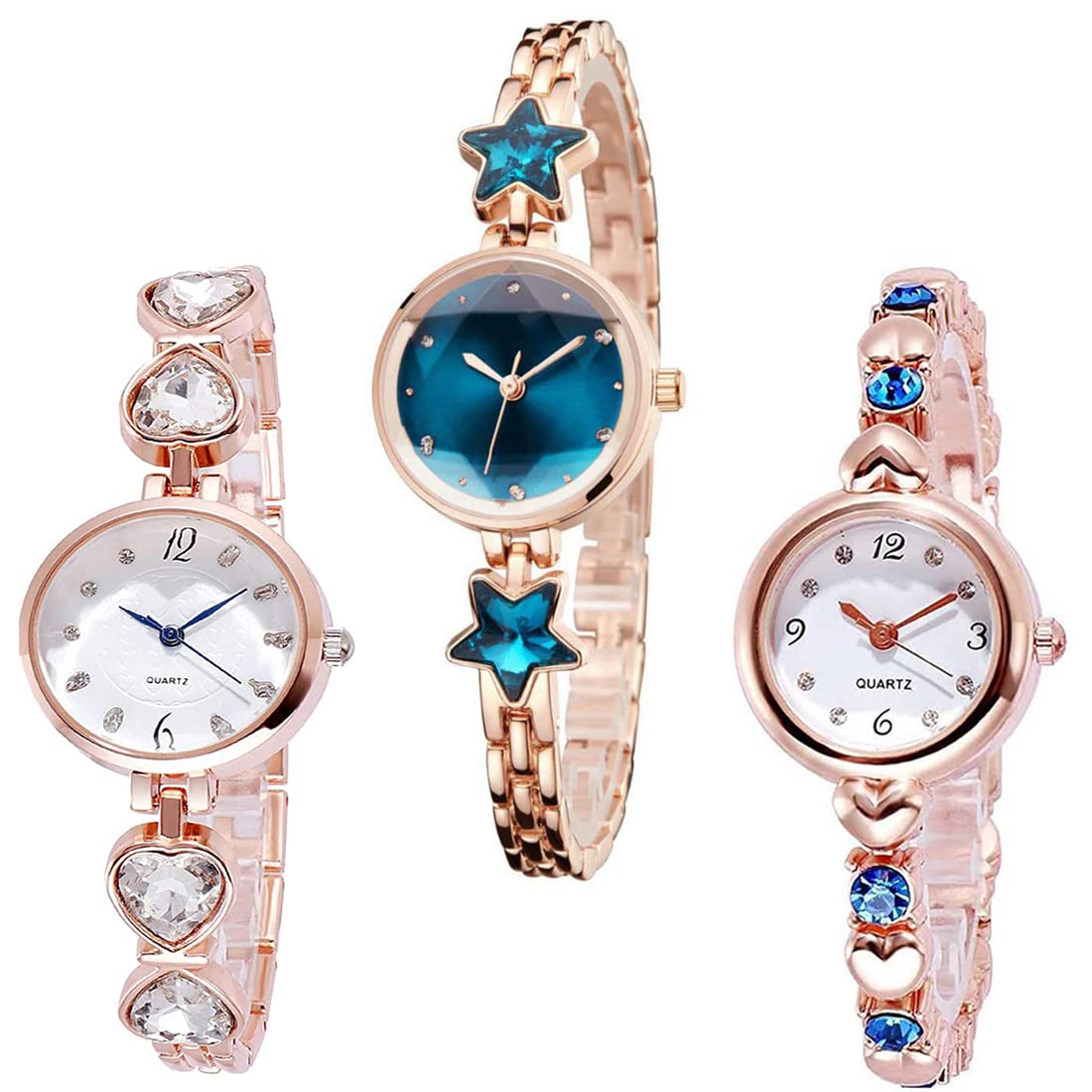 GOLDENIZE FASHION New Analogue Stylish Multicolor Diamond Dial Rose Gold Strap Women & Girls Watch with Bracelet or Rose Gold Bracelet Watch (Pack of 3) (B0B9MLBPFW) Amazon Price History, Amazon Price Tracker