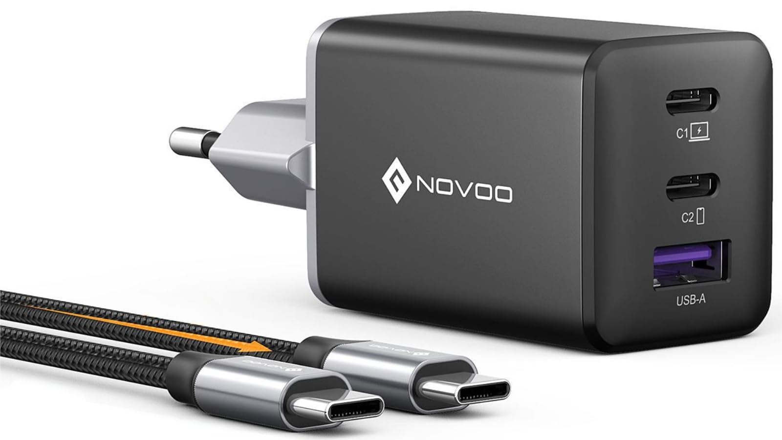 NOVOO USB C cargador rápido 67W adaptador de 3 puertos con 1 cable, GaN Tech