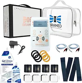 Neurodyn Portátil Ibramed TENS/FES – Aparelho de Eletroestimulação Muscular e Analgésica | 2 Canais Bivolt Recarregável + Kit com Gel, Eletrodos, Faixa e Bolsa