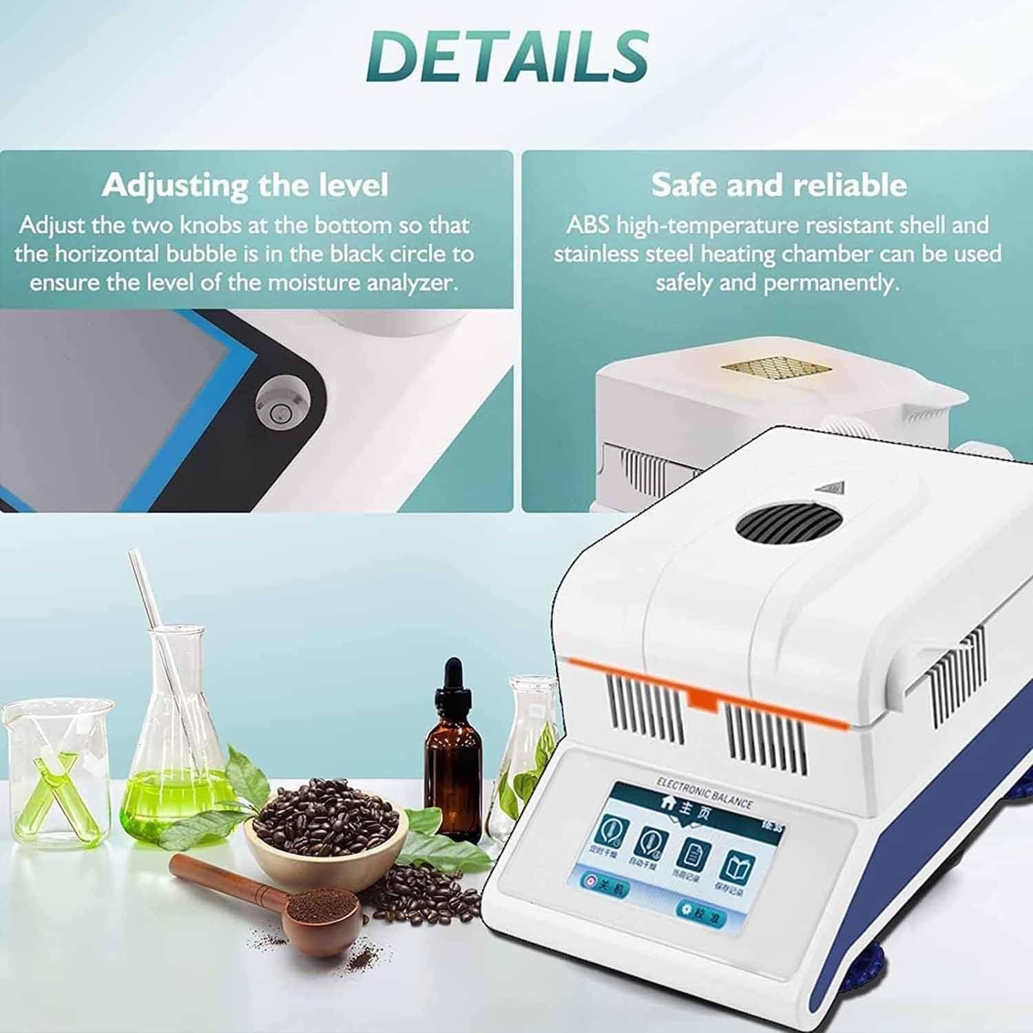 Analizador de humedad de laboratorio con pantalla táctil digital, medidor de humedad halógeno de 50 g/100 g, control de temperatura de 60 a 160 °C, for polvo, té, carne y alimentos.(50g/0.005g)