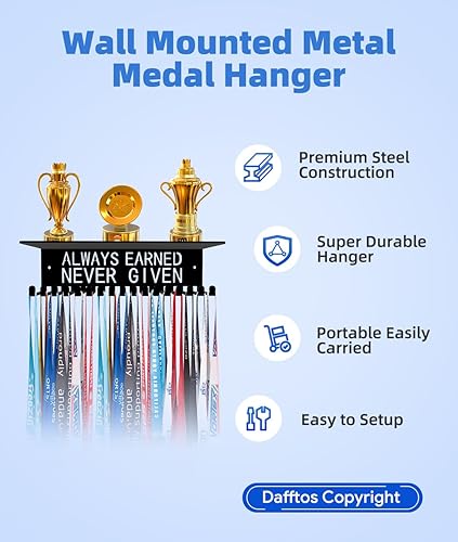 Miniatura 4 de Dafftos Awards Always Earned Never Given Medalla Display Hanger Holder Bib Ribbon Rack Ganchos Organizador Premios Cinta Montaje en Pared Fácil de