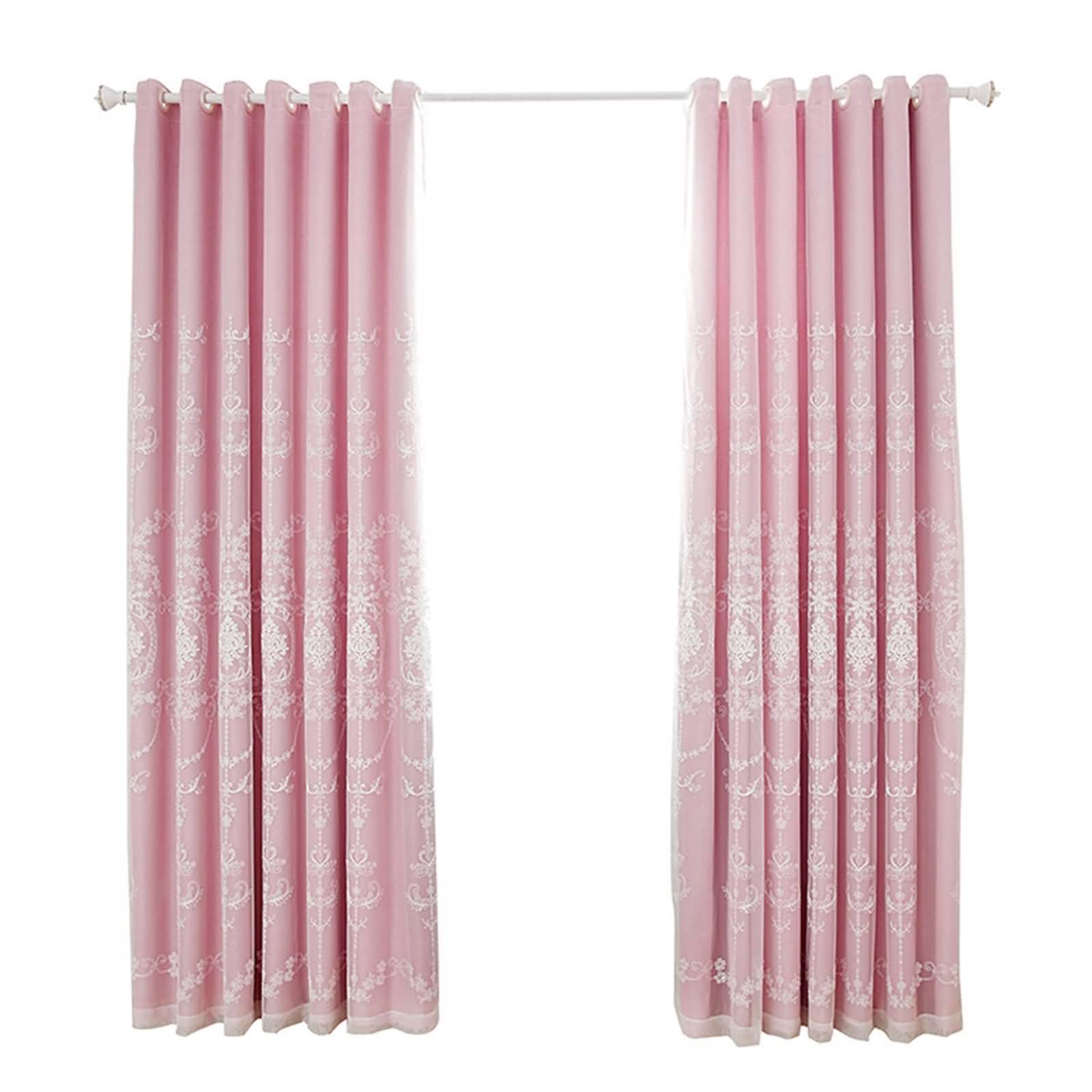 Einfarbiger Stoff und transparenter Stoff mit floraler Stickerei Rosa KüchenvorhängeLeinen+Garn, Gardinen Blumenmuster Vintage Wohnzimmer, 107 x 132 cm Ösen