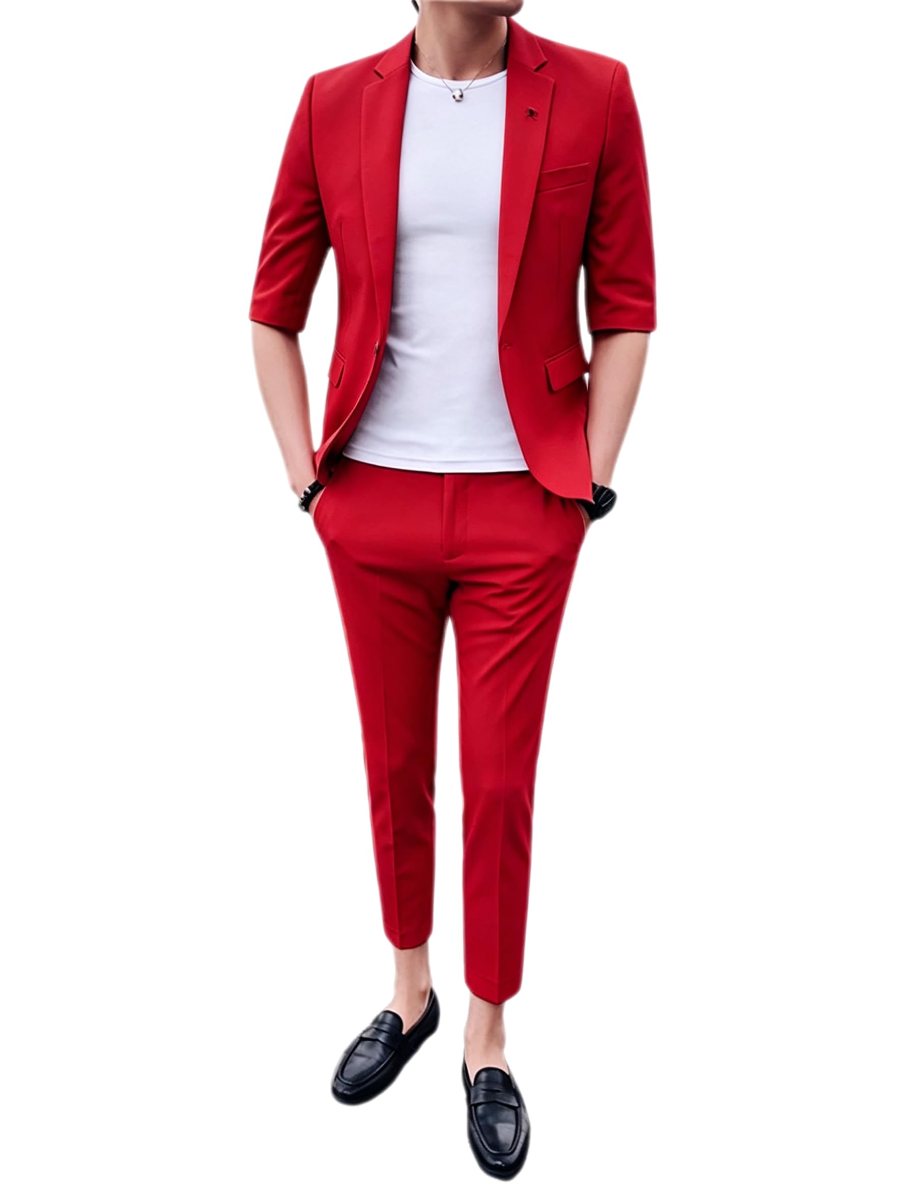 Ulnomio Uomo Mezze Maniche Vestito Set Due Pezzi Notch Risvolto Un Pulsante Gomito Manica Giacca e Pantaloni Gioco di Ruolo Tutti i Giorni