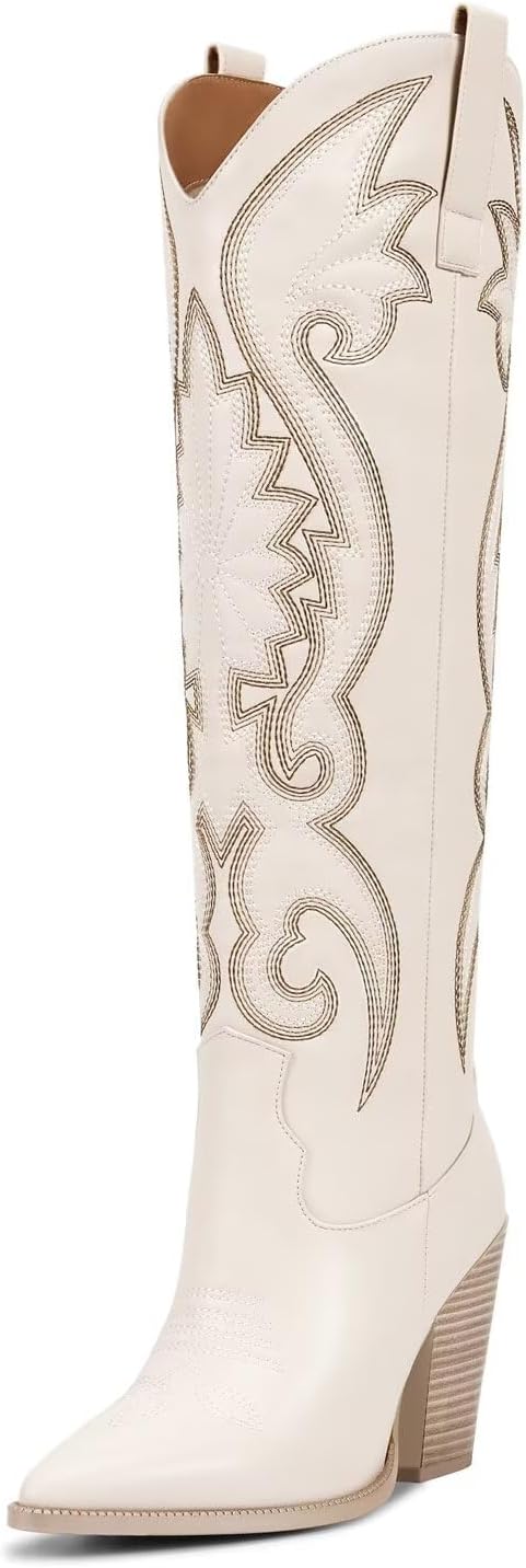 ISNOM Womens Cowboy Knee High Boots Cowgirl Boots Western Boots with Embroidered Pointed Toe Chunky Heel Slip on Retro Tall Boots