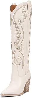Womens Cowboy Knee High Boots Cowgirl Boots Western Boots with Embroidered Pointed Toe Chunky Heel Slip on Retro Tall Boots