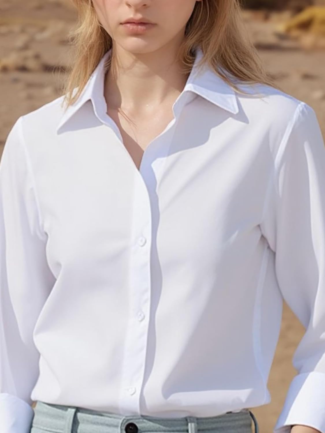 Womens White Y Neck Button Down Shirt Long Sleeve Tops Dressy Business Casual Blouse - Image 6