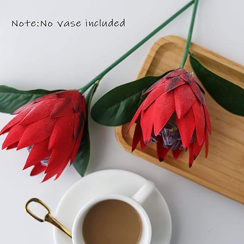 Miniatura 2 de Flores artificiales de seda falsa, Protea Cynaroides, arreglos florales de plástico, ramo de decoración para centros de mesa de boda, 3 piezas (rojo)