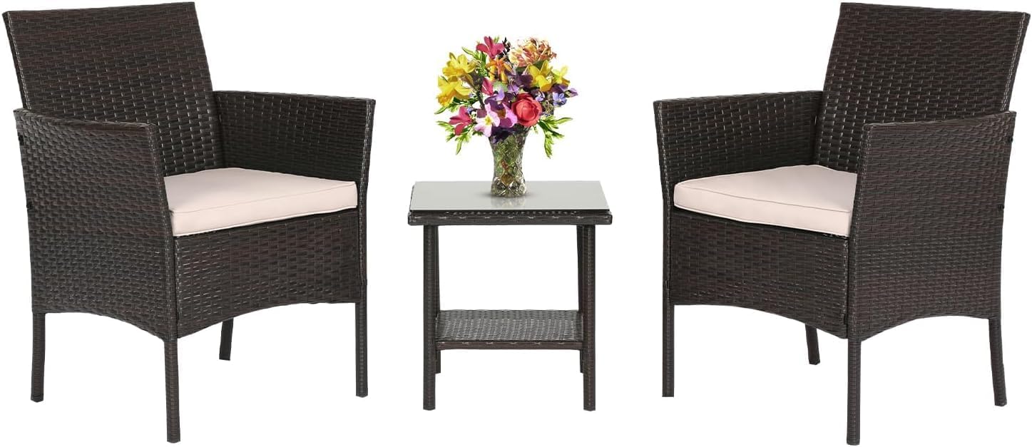 A Set of Three-piece Furniture, Rattan Chairs and A Glass Coffee Table, for Use in The Courtyard and Garden.(Black and Khaki)